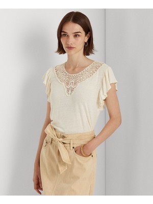 

LAUREN RALPH LAUREN Женская бежевая футболка с круглым вырезом и развевающимися рукавами, Бежевый