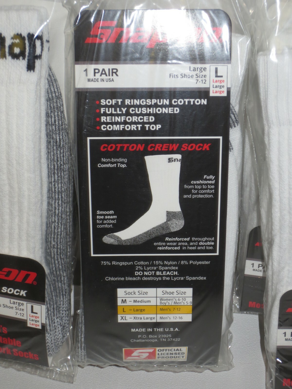 6 PAIRS Snap-On CREW Socks Men's WHITE LARGE ~ FREE SHIPPING ~ MADE IN USA *NEW*