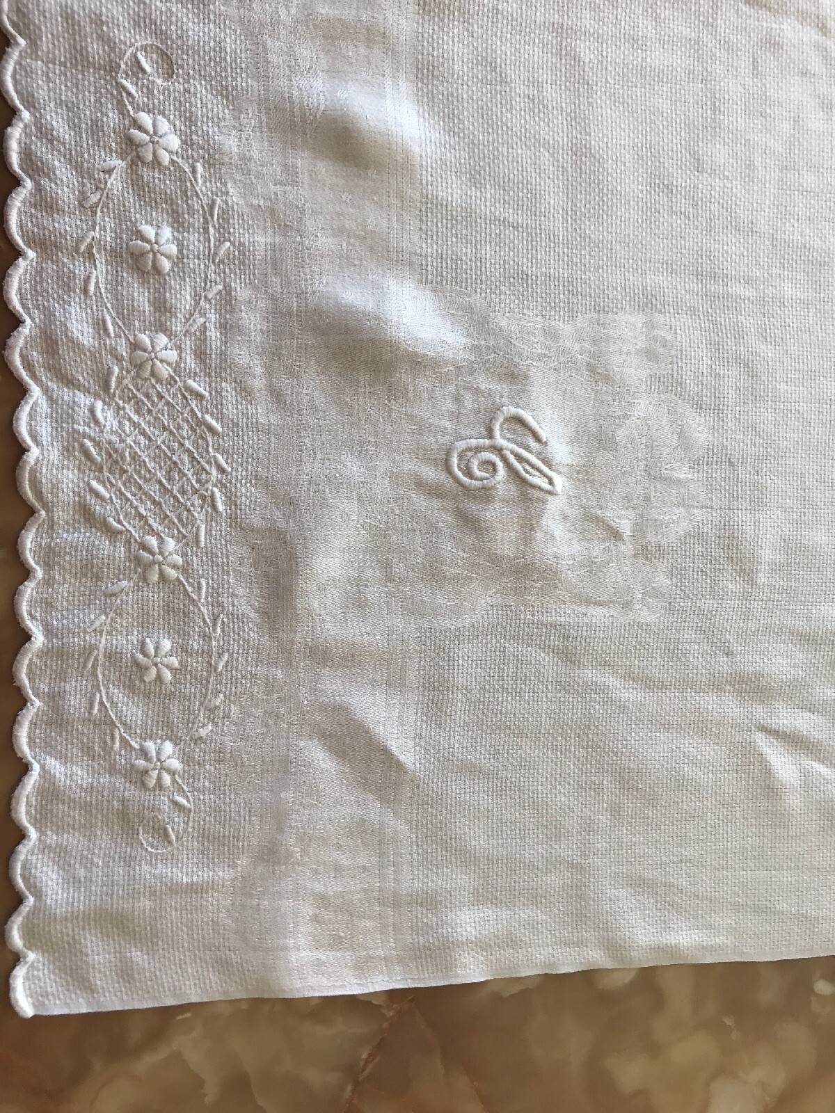 Vintage Antique Large Hand Towel, Embroidered, Monogrammed C, White, 19 x 30