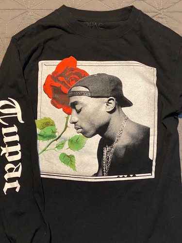 Tupac 2PAC Graphic Black Long Sleeve Single RED Rose Crew