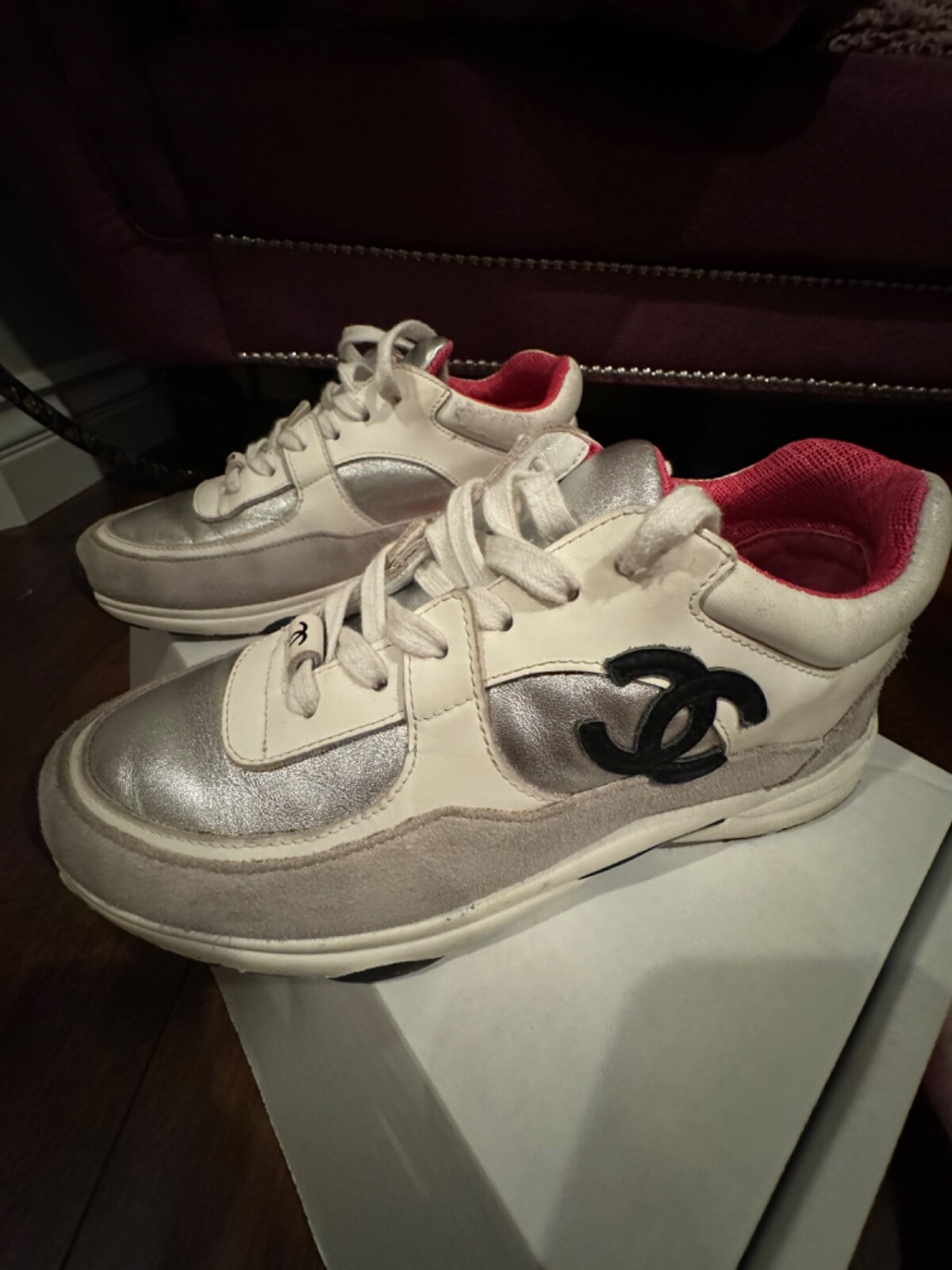 靴 CHANEL 37 CHANEL Fabric Laminated Calfskin Stretch CC Womens Sneakers