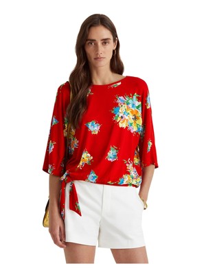 

LAUREN RALPH LAUREN Женский красный топ с круглым вырезом и рукавами до локтя с цветочным принтом