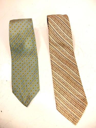 2 Vintage Christian Dior Blue Green Print White Brown Silk Neck Tie 3.5”x56”