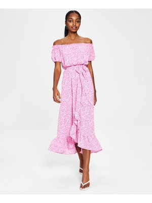 

Женское розовое платье миди BAR III с оборками и короткими рукавами с поясом и поясом, Розовый