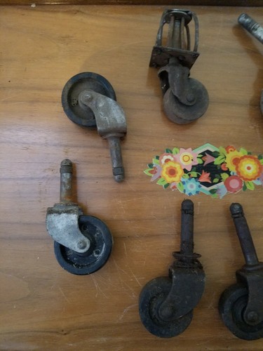 LOT 8 ANTIQUE VINTAGE FURNITURE CASTERS WHEELS IRON + WOOD + PLASTIC