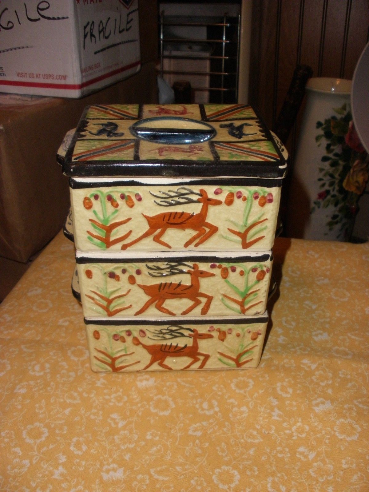 Vintage Hand Painted Japan Majolica Stacking Sewing Vanity Box