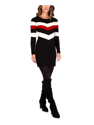 

BCX Womens Black Glitter Sweater Striped Round Short Sheath Dress Juniors, Черный