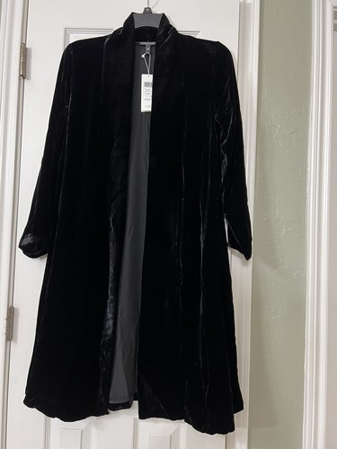 Pre-owned Eileen Fisher Pp $438  Black Velvet Shawl Collar Long Jacket Coat