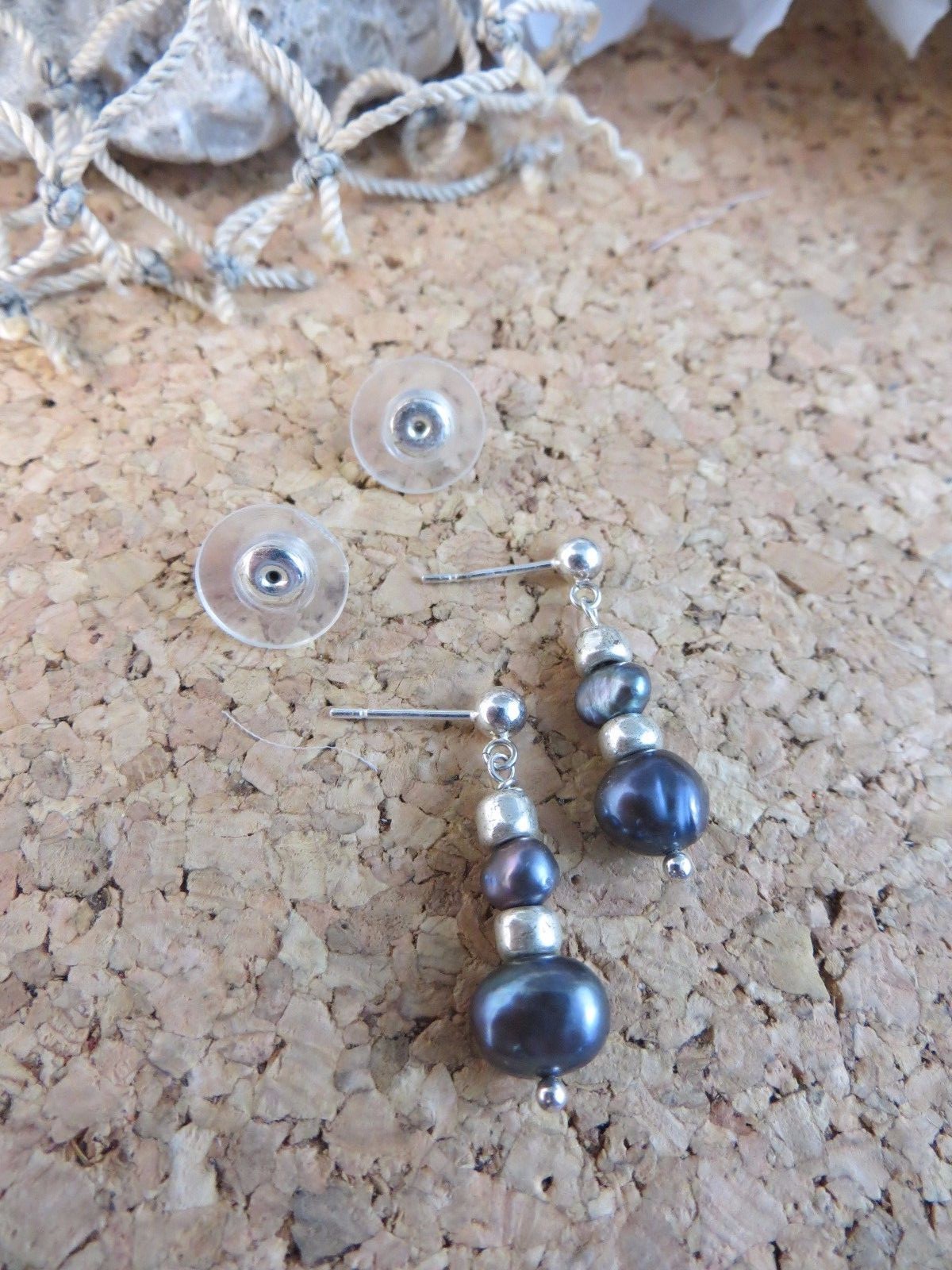 Vintage 925 Sterling Silver Black Pearl Beaded Post Earrings #228