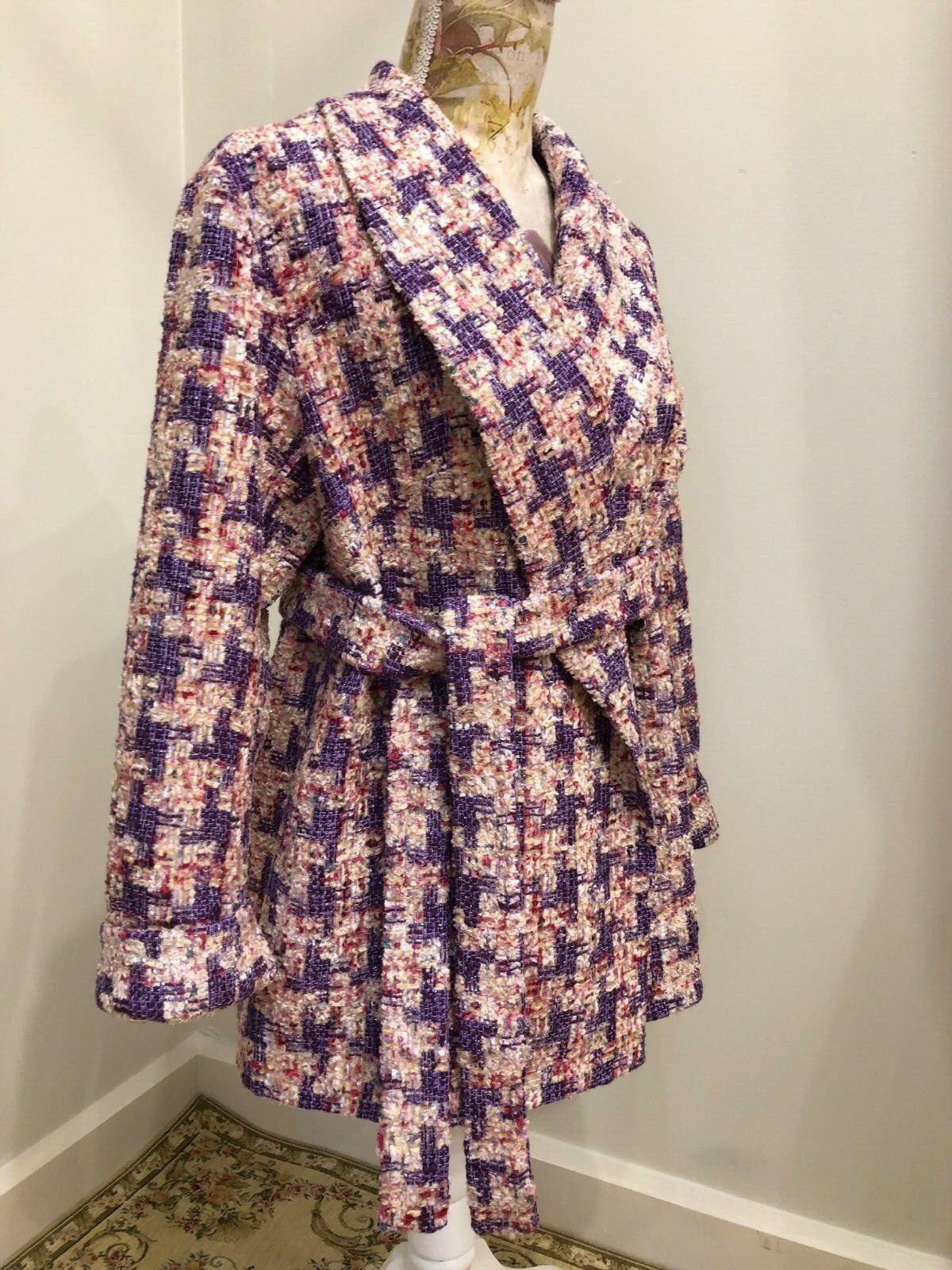 Pre-owned Studio Women´s Tweed Jacket Boucle Cotton Blend Pink Lilac Houndstooth Oversized