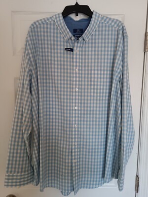 George Classic Fit Mens LONG Sleeve Button Up Shirt 3XL Light Blue Plaid XXXL