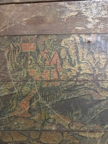 Antique Wood , 22x12 inch box with sliding tray, asian design on top, dove tail