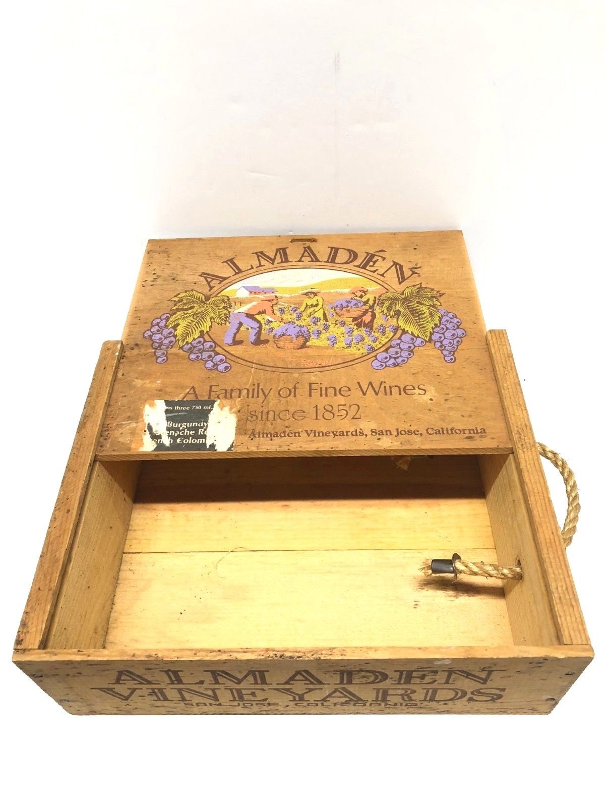 Vintage Almaden Vineyards California Wood Wine Crate Box with Sliding Lid