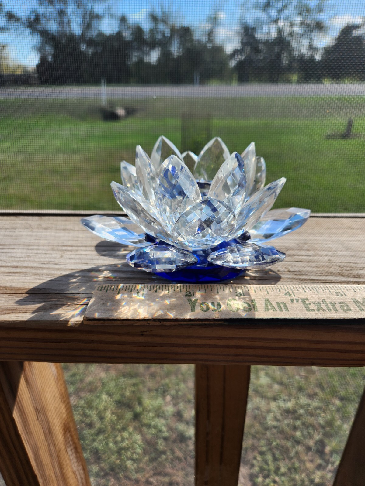 Glass Flower Clear W/blue Cobalt Base Taper Table