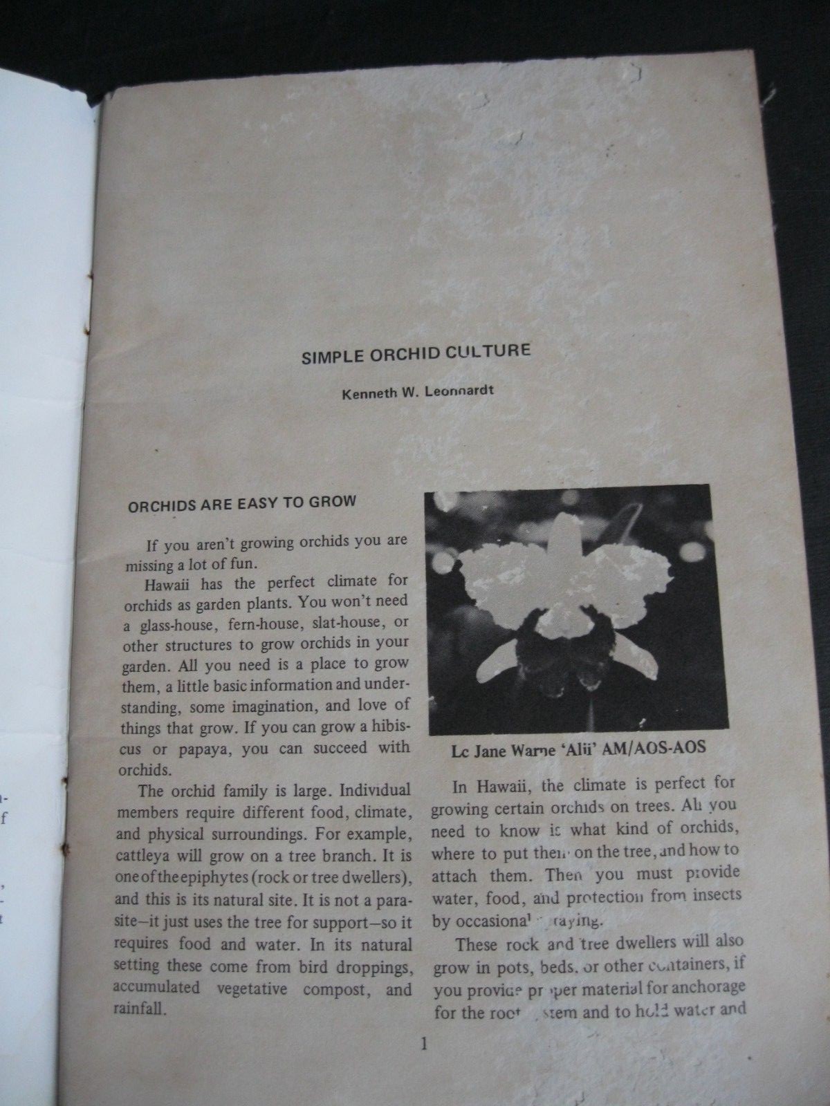 Vintage 1981 SIMPLE ORCHID CULTURE, K. Leonhardt, Tropical Agriculture, U of H