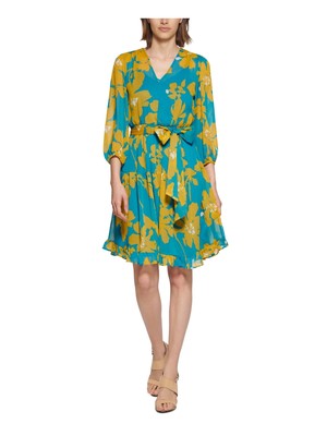 

CALVIN KLEIN Женское синее платье с завязками на подкладке и рукавом 3/4, облегающее + расклешенное платье, Синий