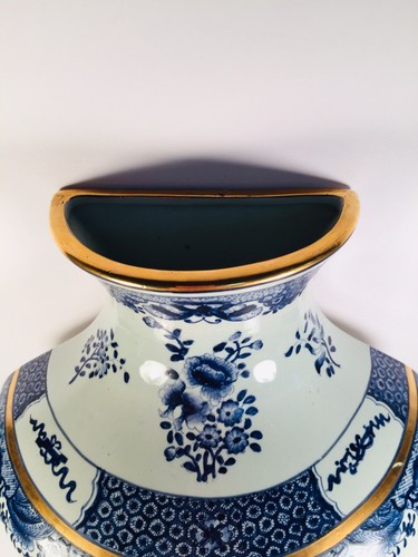 Vintage Large Porcelain Blue White Gold  Half Urn Wall Pocket Vase Floral