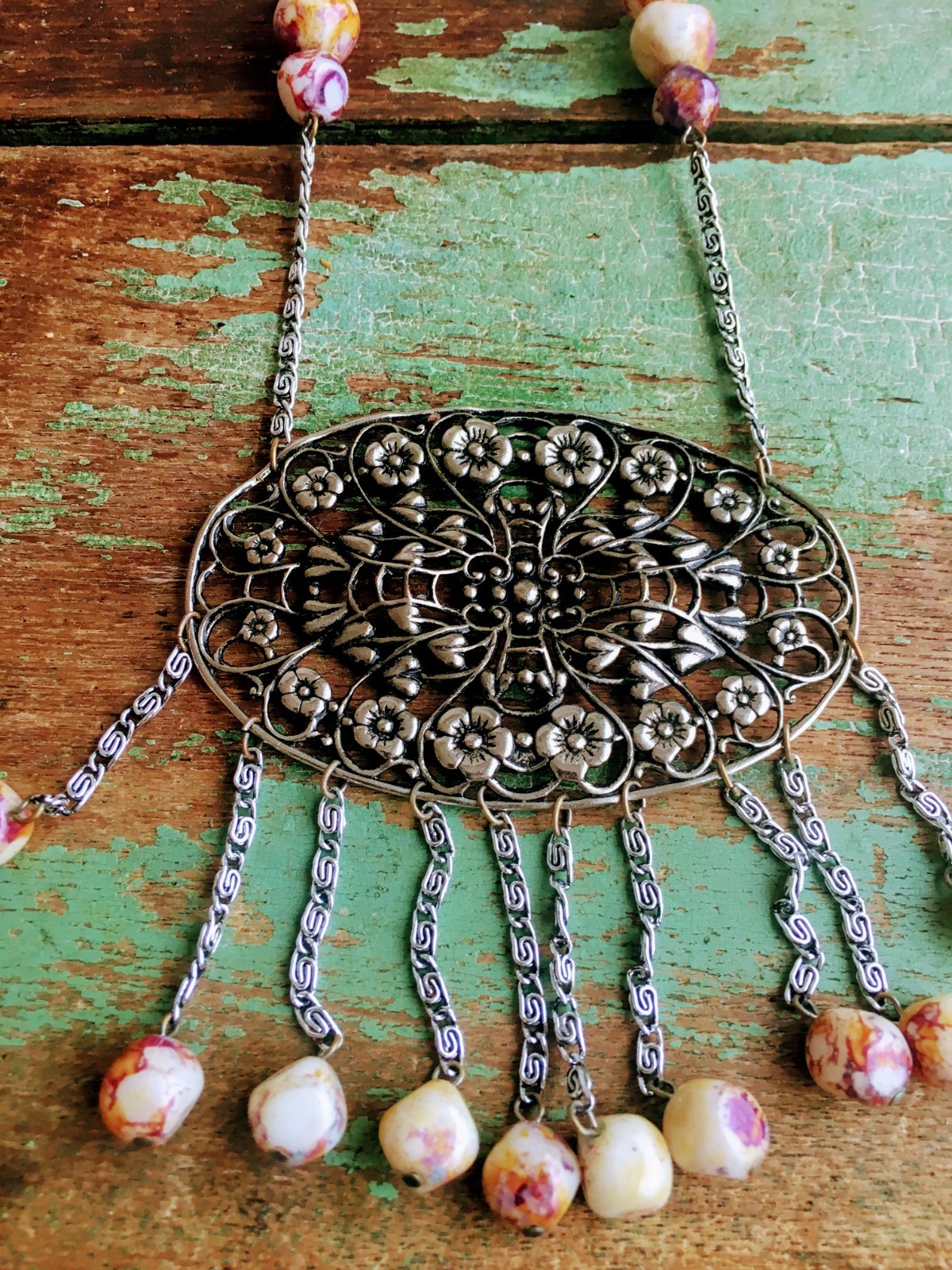 Vintage Art Deco Revival Floral Pendant With Glass Dangle Beads Silver tone