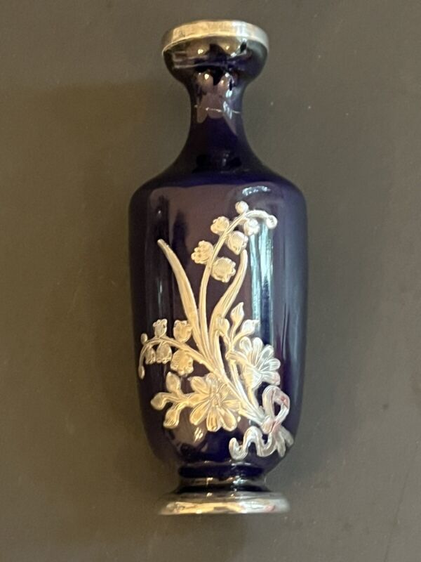 Antique Sterling Silver Overlay Cobalt Blue Porcelain Vase