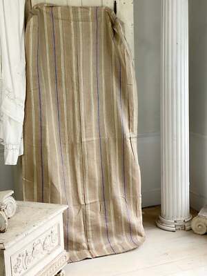 LARGE LINEN for projects Vintage European mattress cover straw textile striped 