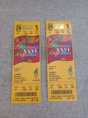 Atlanta Olympics XXVI 1996 Baseball (2) Unused Tickets 7/24/1996 Fulton Stadium