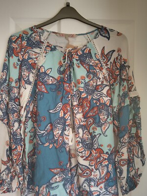 MANTARAY BLOUSE TOP BLUES ORANGE IVORY PAISLEY RUFFLE . UK 12, EUR 38-40. BNWT