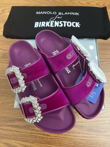 MANOLO BLAHNIK x BIRKENSTOCK Arizona Crystal Velvet Buckle Sandals Fuchsia  38