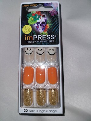 Kiss Nails Impress Press On Manicure Glow In The Dark Orange Gold Potion 78908