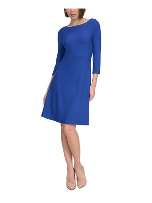 TOMMY HILFIGER Womens Blue Button Unlined 3/4 Sleeve Fit + Flare Dress 8