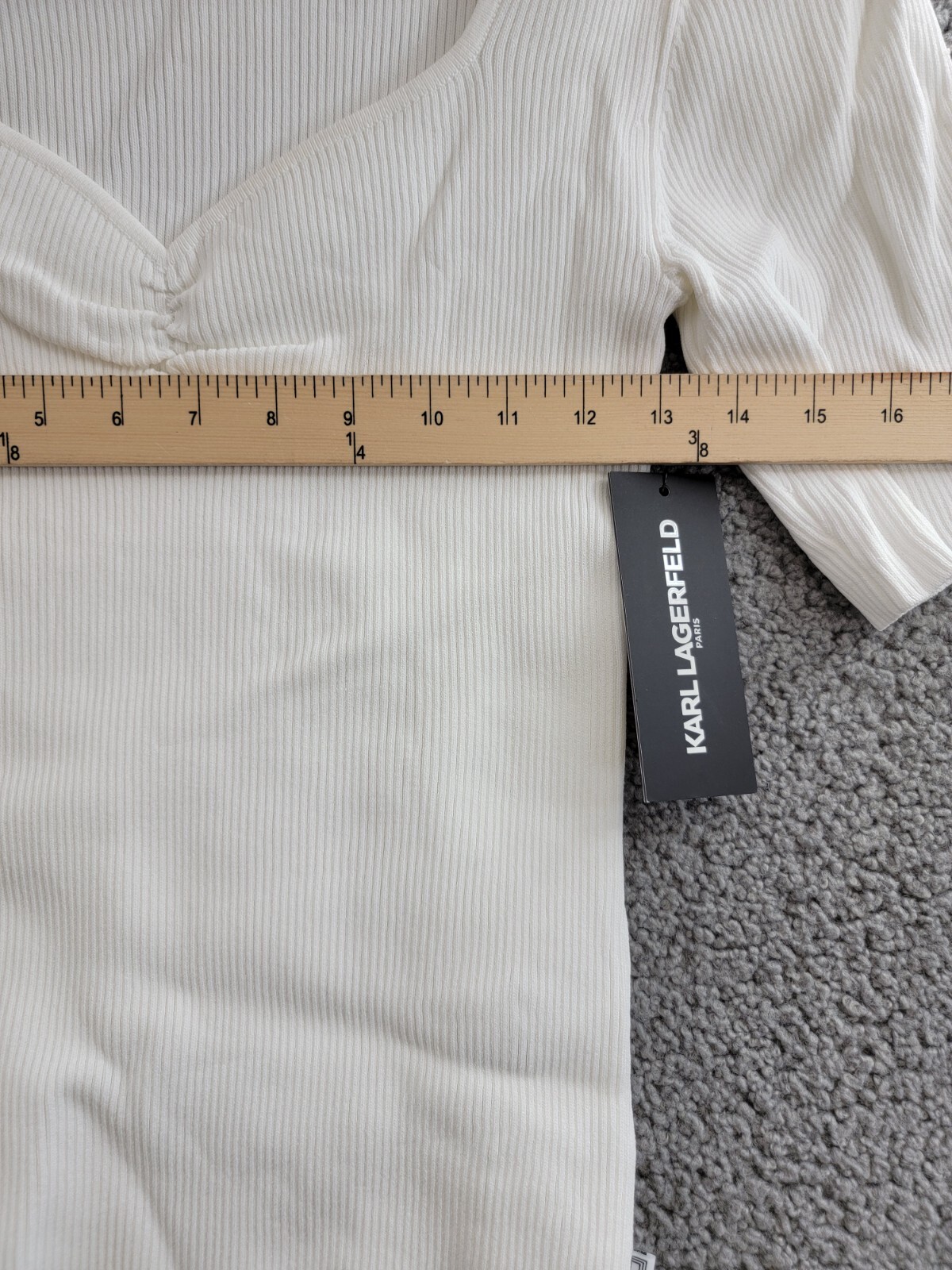 KARL LAGERFELD PARIS Sweetheart-Neck Sweater Women's S Soft White Short Sleeve - Picture 6 of 16