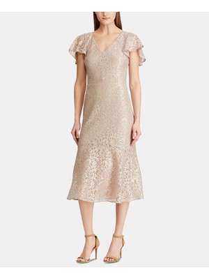

Женское бежевое платье-футляр миди LAUREN RALPH LAUREN с короткими рукавами и V-образным вырезом, Бежевый