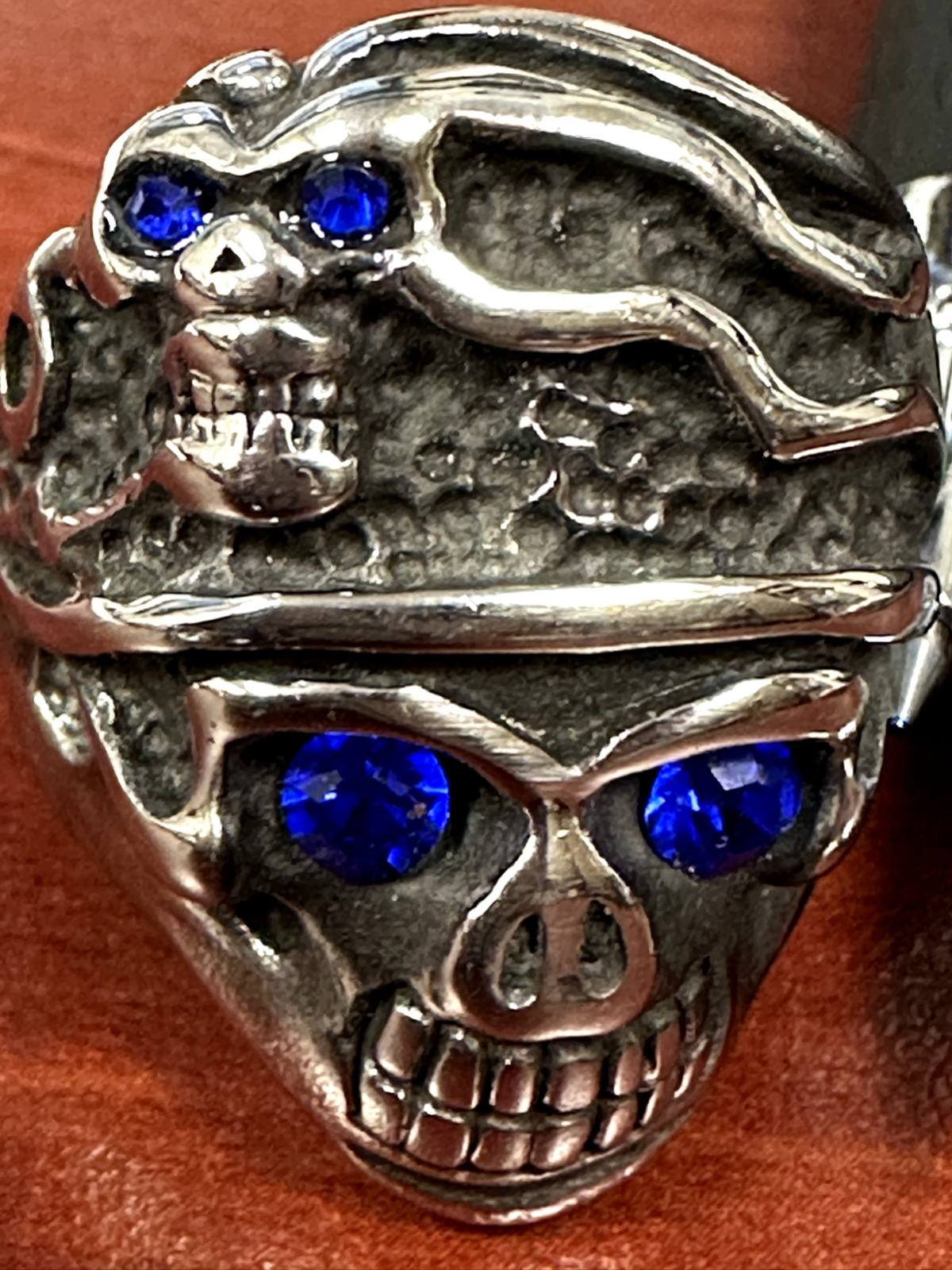 Double Skull Large Stainless Steel Bikers Ring Sapphire Eye Color Size 10