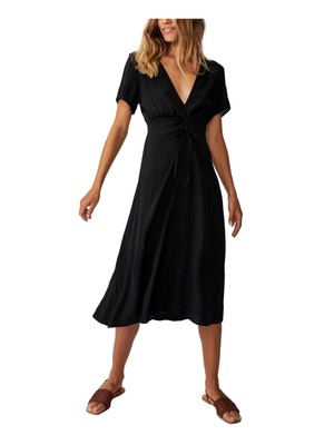 

COTTON ON Womens Black Tie Short Sleeve V Neck Midi Fit + Flare Dress Juniors, Черный