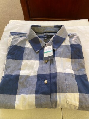 WOMENS LARGE NWT TOMMY HILFIGER BLUE AND WHITE CHECK FLANNEL SHIRT LONG SLEEVE