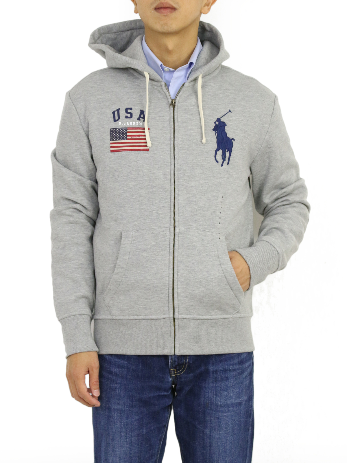 Толстовка-парка на молнии с капюшоном и флагом США Polo Ralph Lauren Big Pony — серый