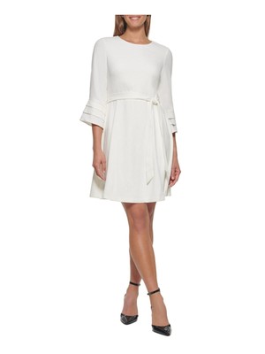 

DKNY Женское белое платье длиной до колена с рифленым поясом и рукавами 3/4 + расклешенное платье, Белый