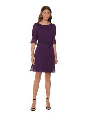 DKNY Womens Purple Lined Cuffs Self-tie Belt Pouf Sleeve Fit + Flare Dress 16