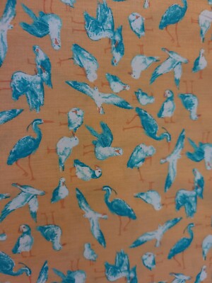 BTY X 60''W Fabric Nautical Birds Turquoise Blue White Peach Quilting Sewing 