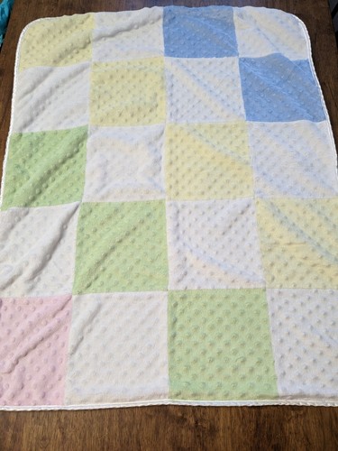 Just Born Minky Dot Green Yellow Blue Pink Squares Sherpa Patchwork Baby Blanket