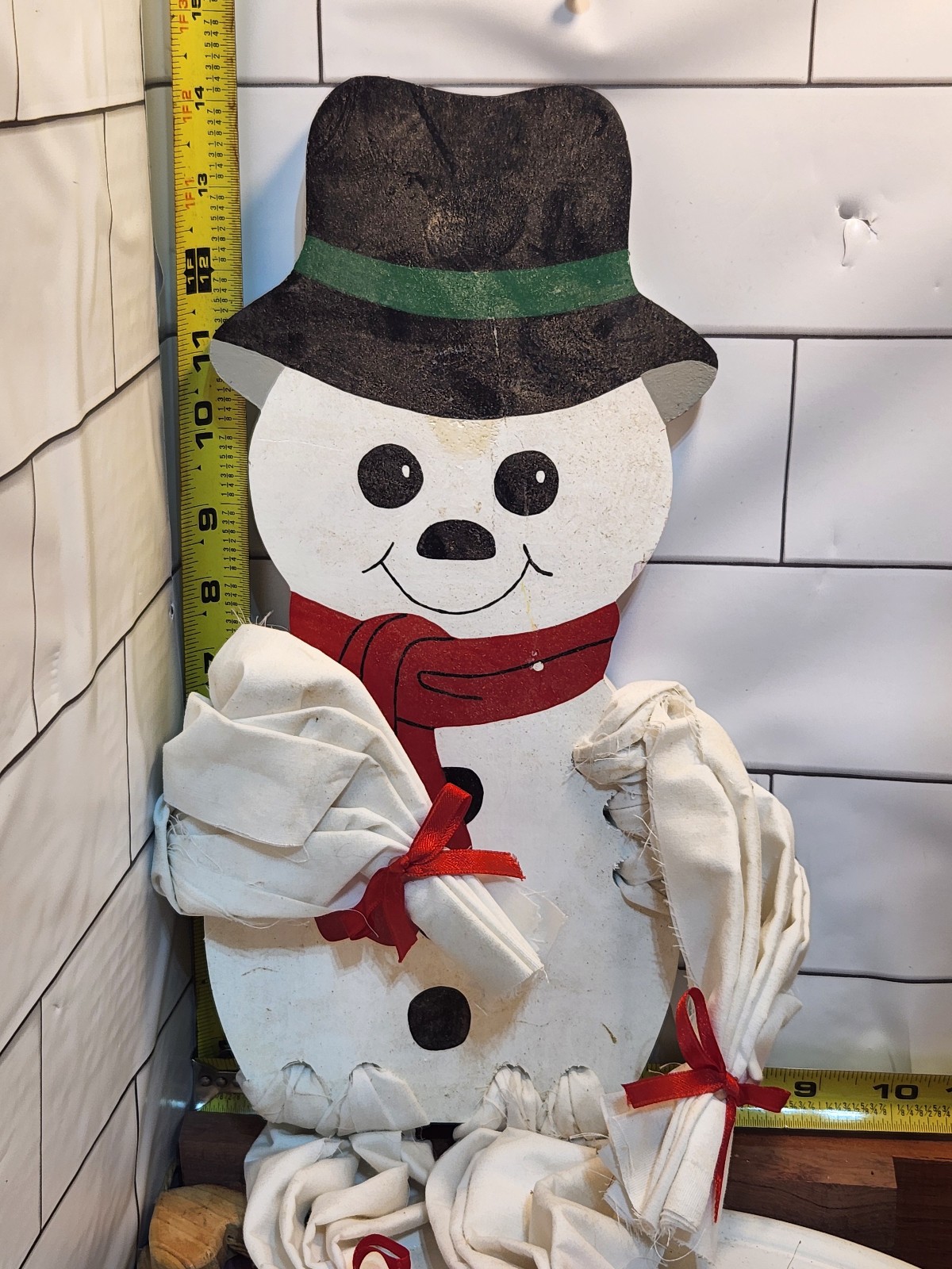 Vtg. Wooden Snowman Shelf Sitter Hanging Decoration White 14"H