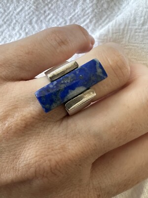 VINTAGE MODERNIST LAPIS LAZULI SIZE US 5.75 K 1/2 925 SILVER RECTANGLE SML BLUE