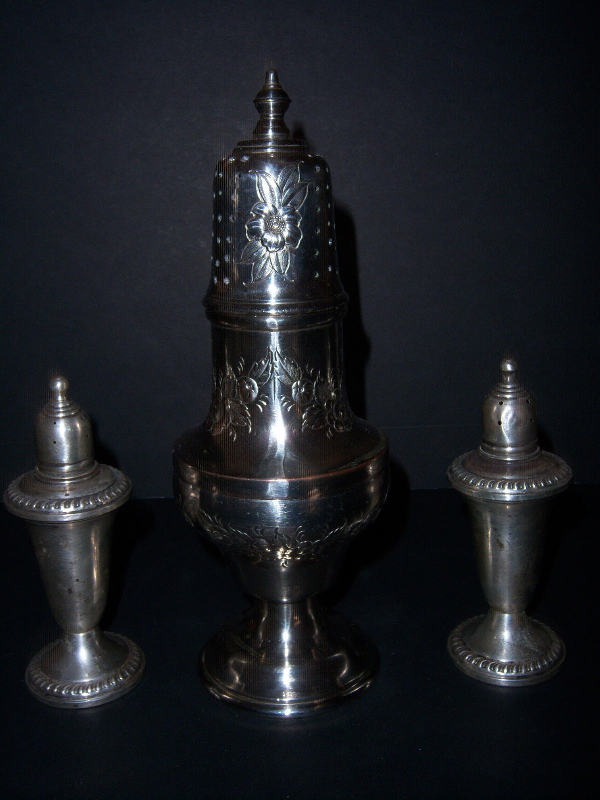 ..ART DECO STERLING SILVER SALT AND PEPPER SHAKER SET WITH ANTIQUE SUGAR DHAKER