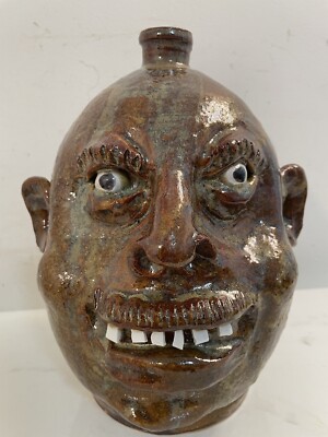 Marvin Bailey Rare Glaze Face Jug Lancaster, SC Pottery 10.5  Folk Art #4 Brown