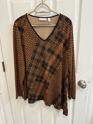 Susan Graver XL Rust Black Zig Zag Top V-neck Asymmetrical Hem Preowned