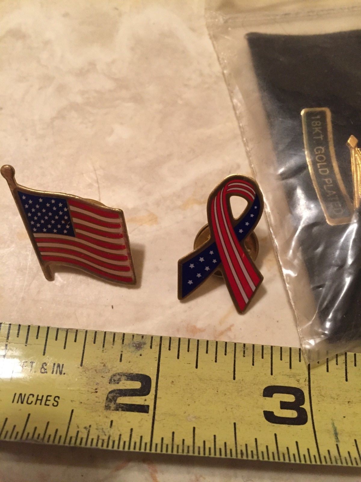 3 Different  American Waving Flag Lapel Pins Patriotic 18 k. Gold Fight Cancer