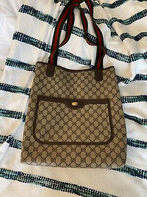 Gucci Vintage Bag Tote Handbag Sherry GG Supreme PVC Brown Large Authentic