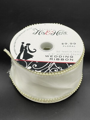 Studio His & Hers Wedding Satin Ivory Ribbon w/ Ivory Beads 30 ft x 2.5''