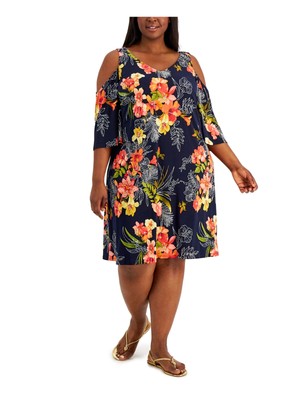 CONNECTED APPAREL Womens Navy Pullover Unlined 3/4 Sleeve Dress Plus 14W