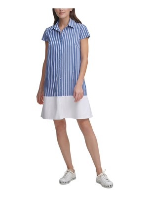 

DKNY Женское синее эластичное платье-рубашка с короткими рукавами и воротником выше колена, Синий