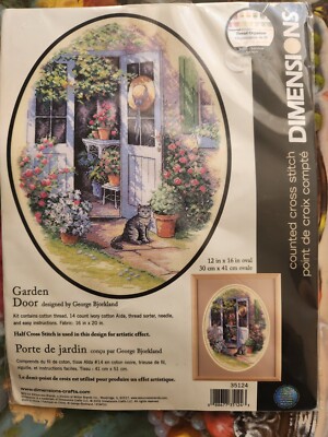 Dimensions 35124 Garden Door Counted Cross Stitch Kit Flower Garden Kitten Cat